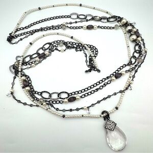 Premier Designs “Layered On” Layered Necklace Hematite, Pearls & Crystal – 35”